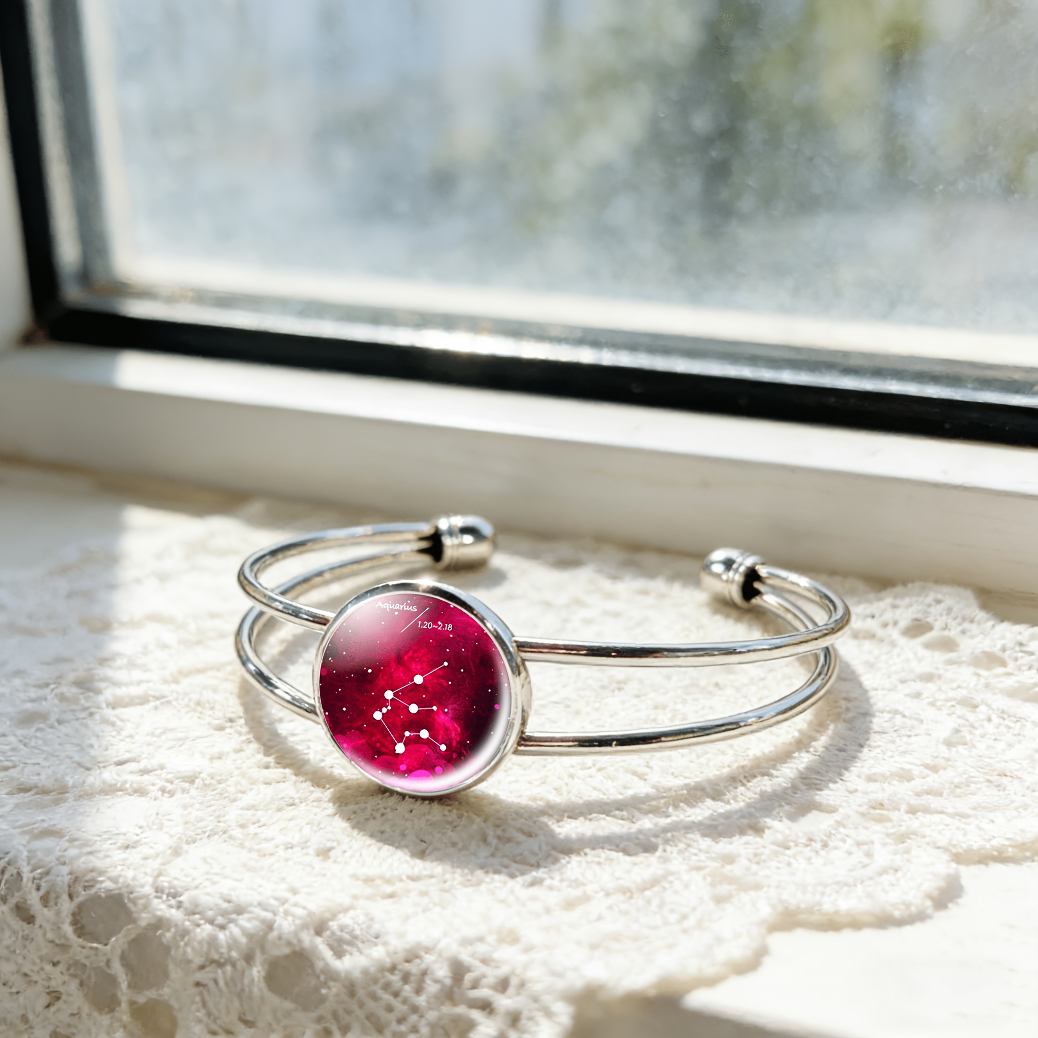Adjustable Open Bangle with Zodiac Sign Gemstone Inlay